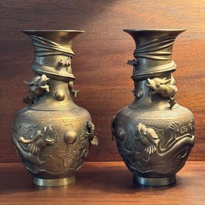 $99 each- Antique Chinese Bronze Vases featuring dualing dragons 