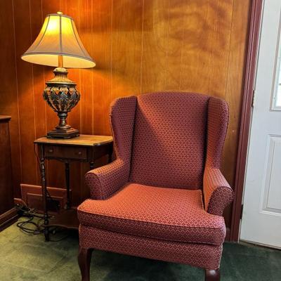 $75-wing back chair with diamond shape fabric design 