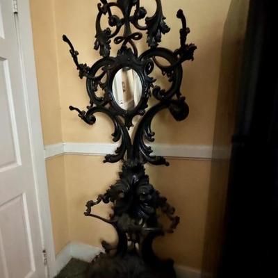 $498- metal hall tree, 6 hooks, mirror, removable drip pan 76" H 27"L 14"depth 