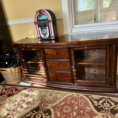 $145-console cabinet, 3 drawers, 2 doors, shelves, 28"H 60"L 16"depth