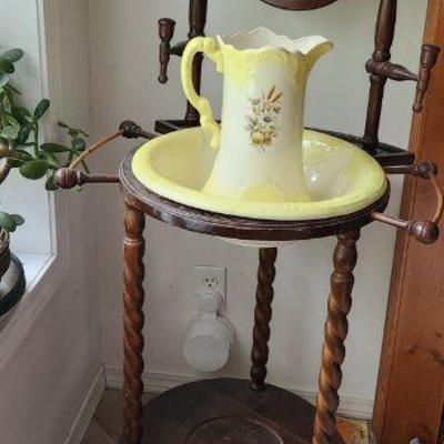Washstand, pitcher, and basin