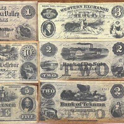 Nebraska Currency 1856-1863 Reproduced Antiqued Parchment Bills 1-10 Dollars 
