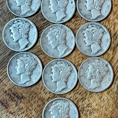 10 Silver Mercury Dime Coins 1940 - 1943