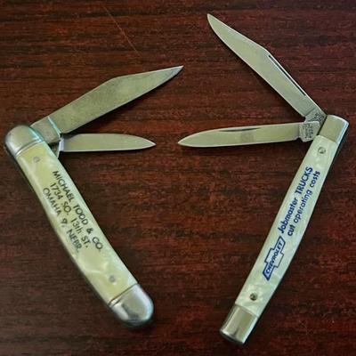 (2) Vintage Imperial Mother Of Pearl Advertising Pocket Knives - Chevrolet & Omaha Nebraska 