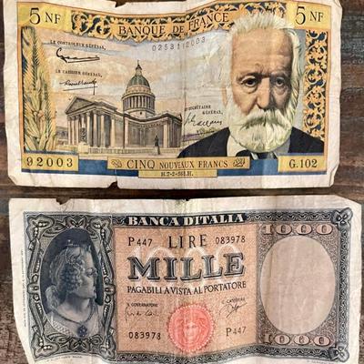 1963 France 5 Nouveaux Francs Victor Hugo Paper Banknote & Italy Banca D'Italia 1000 Lire Banknote 1947