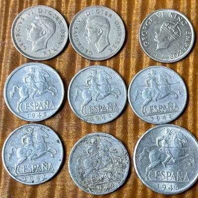 (3) Spain 1940's Aluminum Coins 1941 - 1946  (2) Great Britain 6 Pence Coins 47 - 48 & India 1946 Rupee 