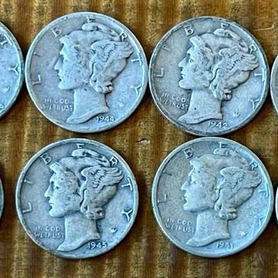 8 Mercury Head Dime Coins - 90 Percent Silver - 1941 - 1945