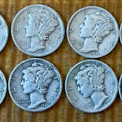 8 Mercury Head Dime Coins - 90 Percent Silver - 1939 - 1945