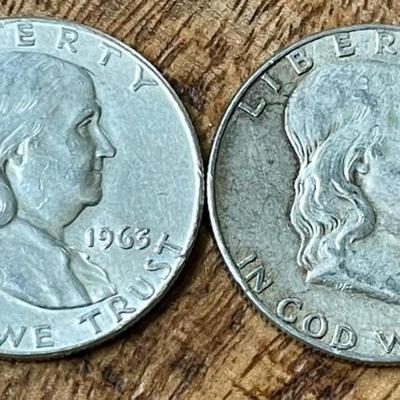 2 Benjamin Franklin Silver Half Dollar Coins - 1963