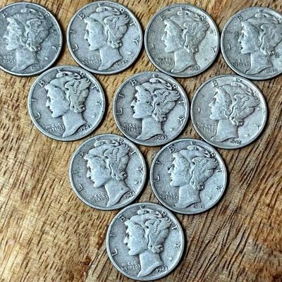 10 Silver Mercury Dime Coins 1943 - 1945