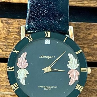 Stamper 12K Black Hills Gold Water Resistant 3ATM Watch With Diamond - Calf Leather 18 Band 