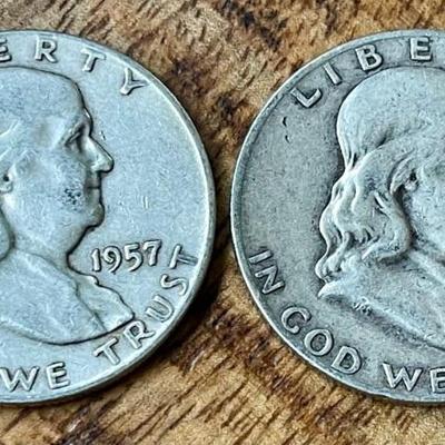 2 Benjamin Franklin Silver Half Dollar Coins - 1957