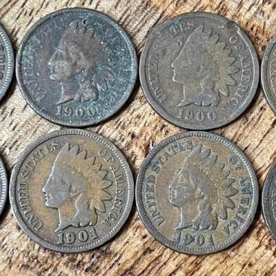 8 Indian Head Penny Coins - 1897 - 1901