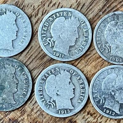 6 Silver Barber Dime Coins - 1912 - 13 - 03 - 11