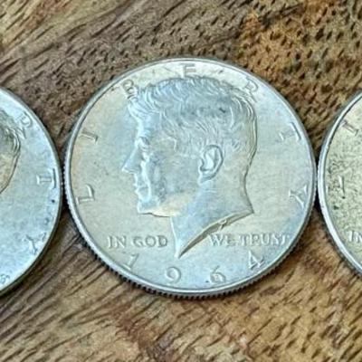 3 1964 Silver Kennedy Half Dollar Coins - 90 Percent Silver 