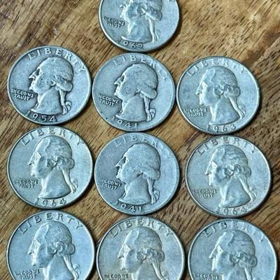 10 Silver Quarter Coins - 1941 - 1964 