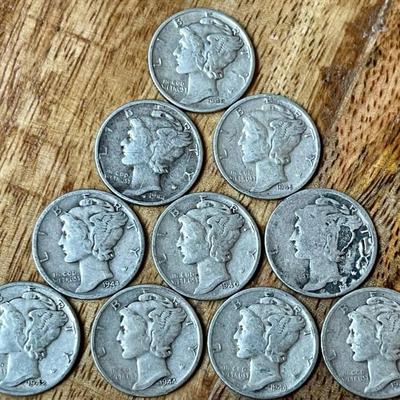 10 Silver Mercury Dime Coins -1940 - 1945