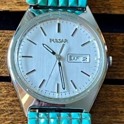Sterling Silver Zuni Native American Turquoise Inlay Watch Lugs With Pulsar Watch 