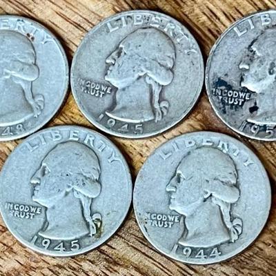 5 Silver D & S Quarter Coins - 90 Percent Silver - 1944 -45 -48 -56