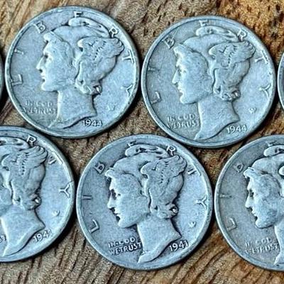 6 Silver Mercury Dime Coins 1941 - 1945