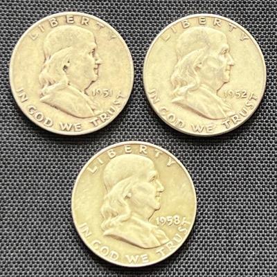 (3) Franklin Half Dollar Silver Coins - 1951, 1952, 1958