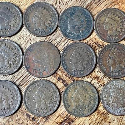 12 Indian Head Penny Coins - 1902 - 1904