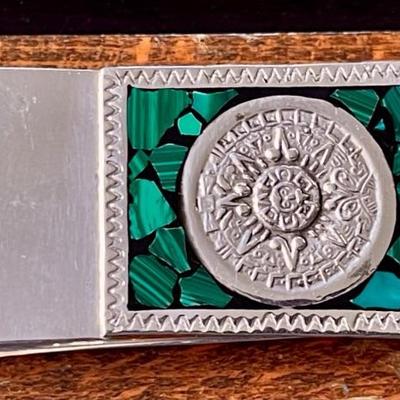 Galeria Mexicana Sterling Silver Money Clip With Malachite Inlay - Total Weight 24.3 Grams 