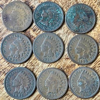 9 Indian Head Penny Coins - 1881 - 1896