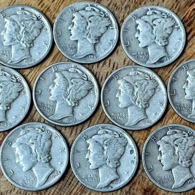 10 Silver Mercury Dime Coins 1940 - 1944
