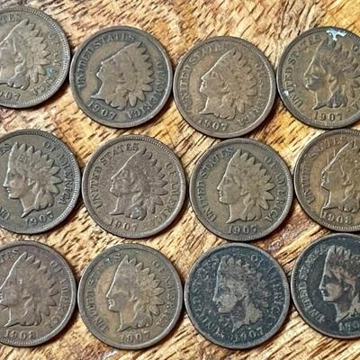 12 Indian Head Penny Coins - 1907 - 1908