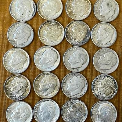 20 Roosevelt Silver Dime Coins - 90 Percent Silver - 1946 - 1964