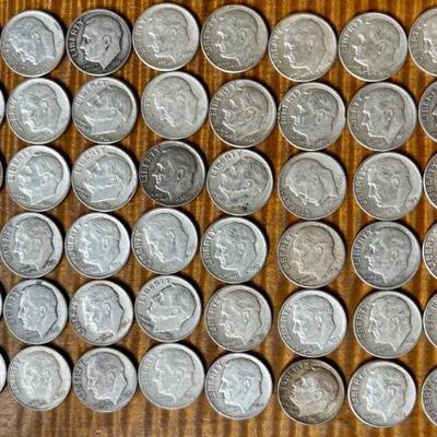 (60) Roosevelt Silver Dime Coins 90 Percent Silver - Total Weight 149  Grams -  Years Up To 1964