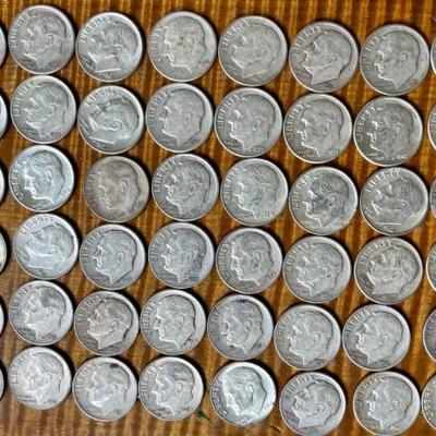 (60) Roosevelt Dime Coins 90 Percent Silver - Total Weight 149.2 Grams - Up To 1964