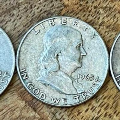 3 Silver Benjamin Franklin Half Dollar Coin - 90 Percent Silver -(2) 1962 D - (1) 1963 D 