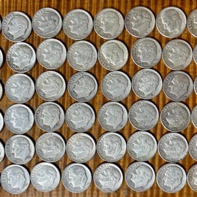 (60) Roosevelt Silver Dime Coins 90 Percent Silver - Total Weight 149.3 Grams - Up To 1964