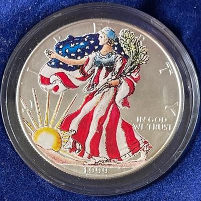 1999 American Eagle Colored Silver Eagle Dollar Coin- 90 Percent Silver In Original Box With COA