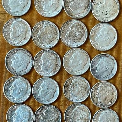 20 Silver Roosevelt Dime Coins - 90 Percent Silver 1957 - 1964
