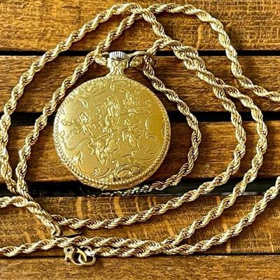 Vintage Ladies Waltham 2 Inch Gold Floral Scroll Pocket Watch (works) W 30 Inch Monet Chain 