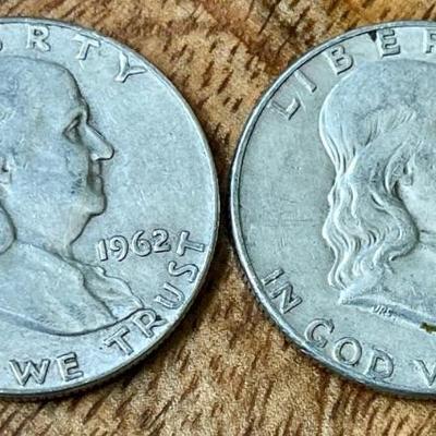 2 Benjamin Franklin Silver Half Dollar Coins - 1962