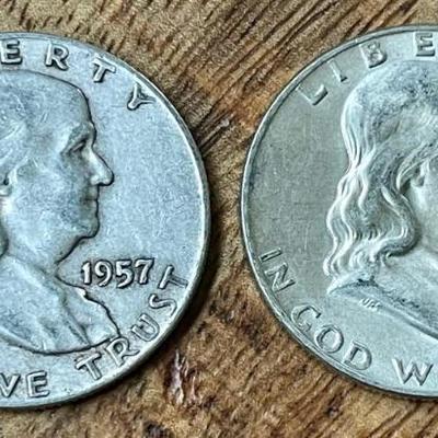 2 Benjamin Franklin Silver Half Dollar Coins - 1957 & 1958