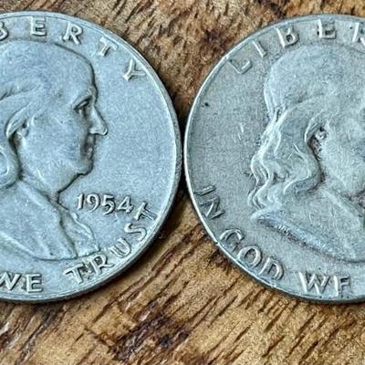 2 Benjamin Franklin Silver Half Dollar Coins - 1954