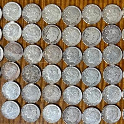 (60) Roosevelt Silver Dimes 90 Percent Silver - Total Weight 149.7  Grams -  Years Up To 1964