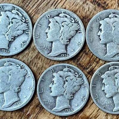 6 Silver Mercury Dimes 1935 - 1939