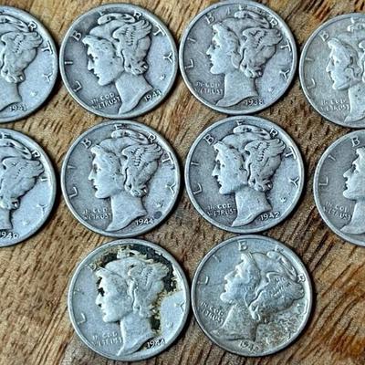 10 Silver Mercury Dime Coins - 1938 - 1944