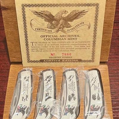Columbus Mint American Conflict Heirloom Pocket Knife Set With COA & Wooden Box  