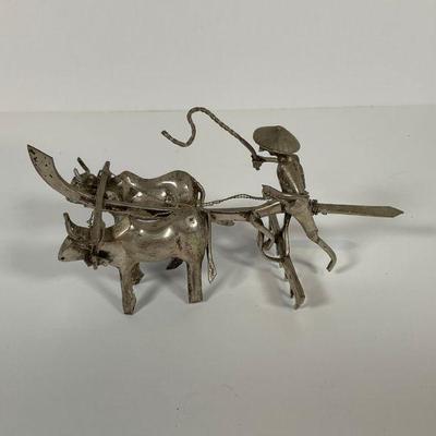 Antique Sculpted Silver farmer Plowing w/ Buffalo