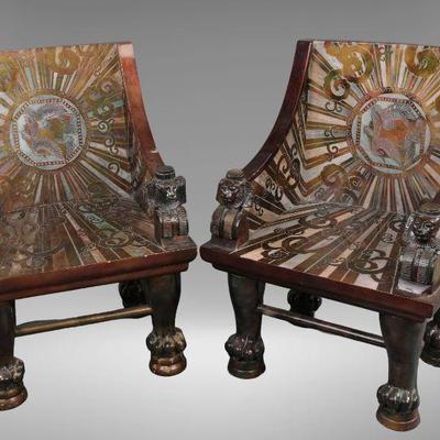 Lacquere parcel gilt Egyptian Revival throne chairs