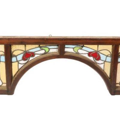 Art Nouveau boxed arched transom stained glass window