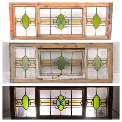 Stained glass transom window with opening center pane