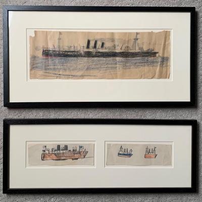 Folk Art - Pair Victorian Era Child's Ship Drawings